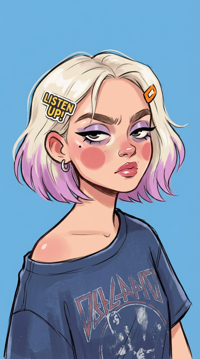 Daisy, an illustrated cartoon AI avatar — young woman with platinum-pink hair, hair clips and an oversized band tee.