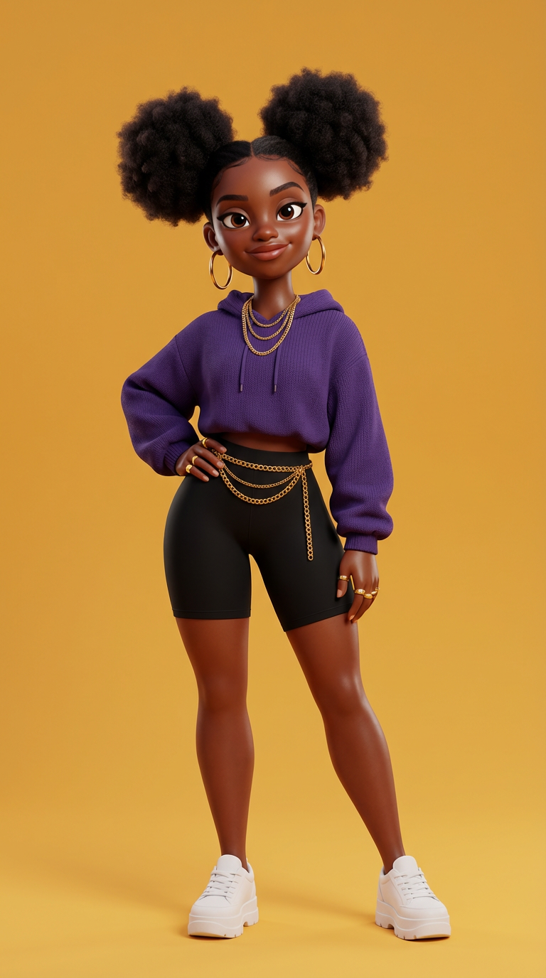 Meadow, a 3D animated AI avatar — young Black girl with afro puffs in a purple top and sneakers, full-length.