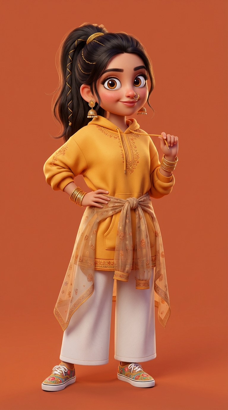 Meenakshi, a stylized 3D AI avatar — young girl in a gold traditional Indian outfit, full-length.