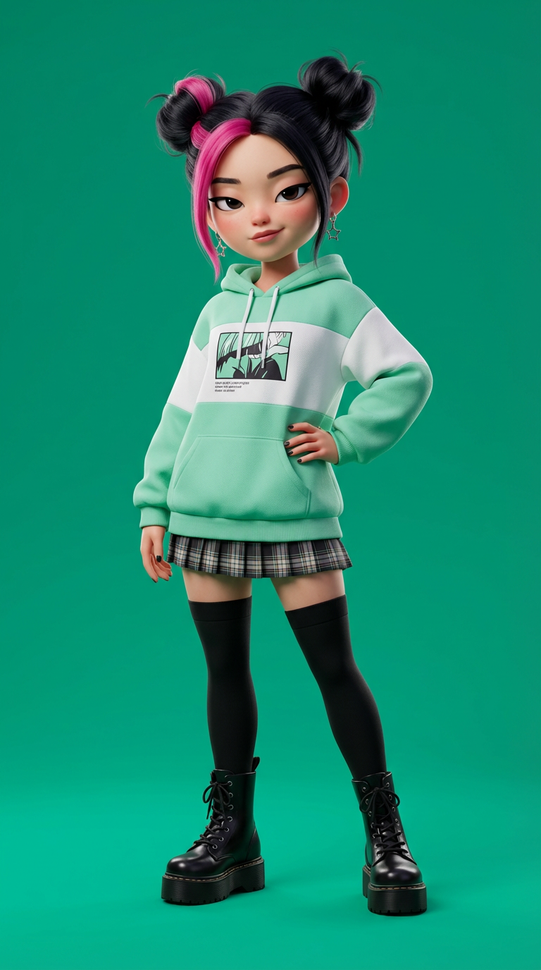Tina, a 3D animated AI avatar — girl with pink-streaked twin buns in a mint hoodie and plaid skirt, streetwear.