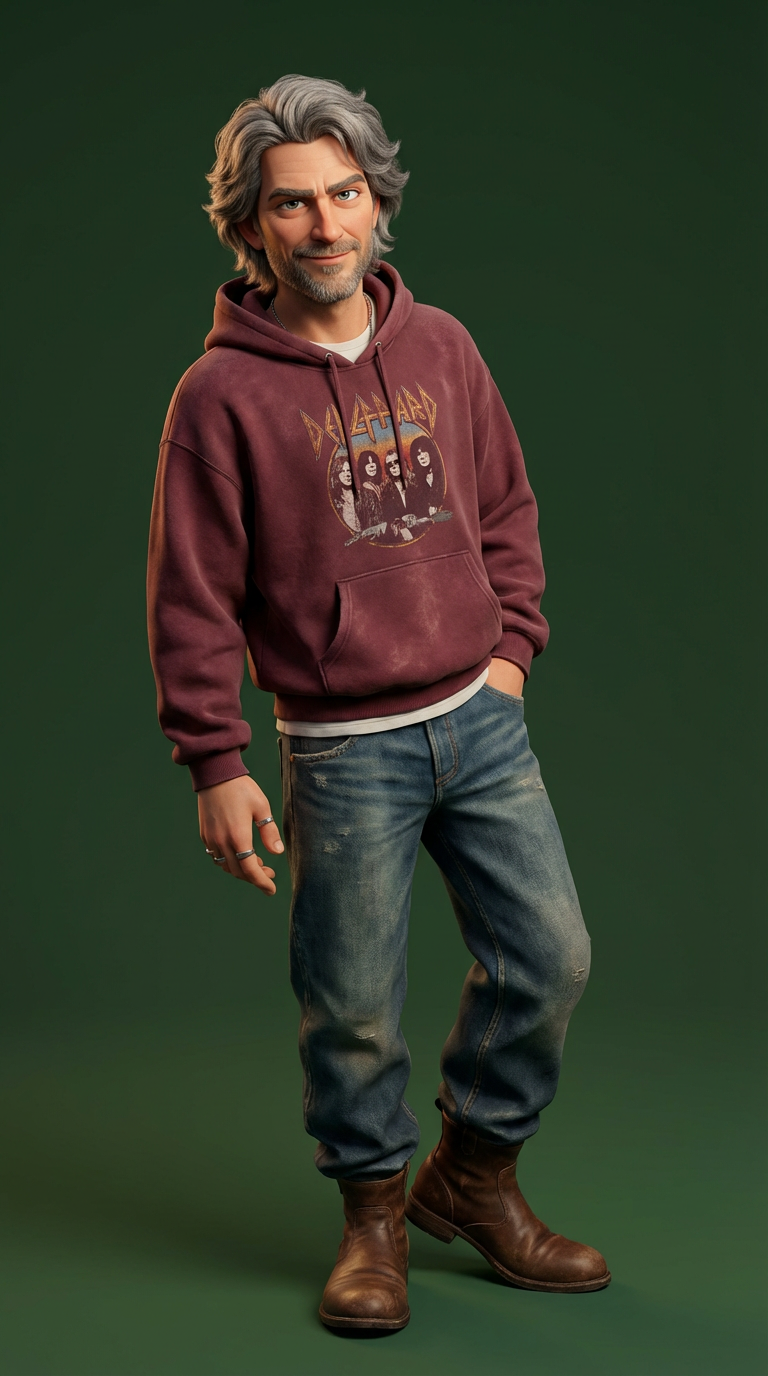 Ben, a 3D-rendered AI avatar — older man with grey hair in a maroon hoodie and jeans, full-length.