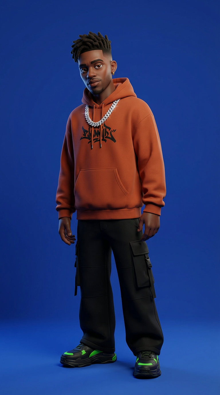 Jebari, a 3D-rendered AI avatar — confident young Black man in an orange hoodie, full-length on blue.
