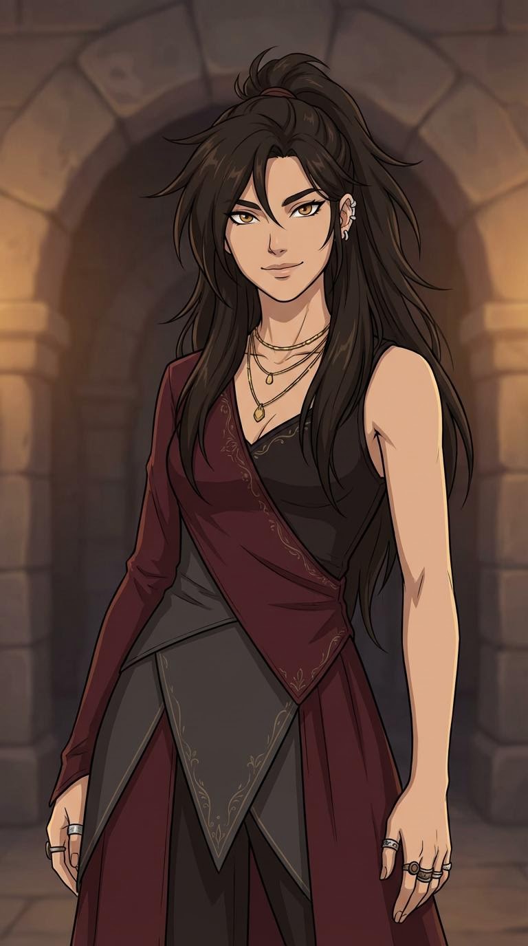 Lufy, an illustrated fantasy AI avatar — woman with long dark hair in a layered gothic dress by an archway.