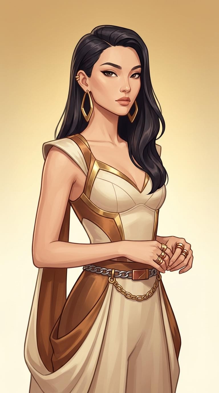 Senorita, an illustrated AI avatar — woman with brown hair in an elegant fantasy dress.