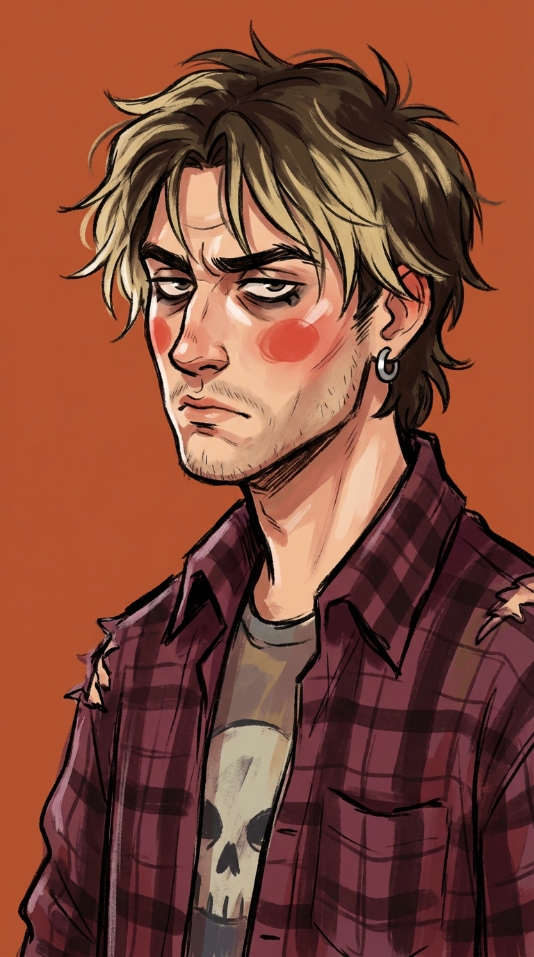 Flinch, an illustrated cartoon AI avatar — rugged man with messy hair in a plaid shirt over a graphic tee.