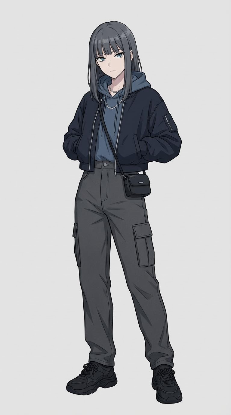 Hinata, an anime-style illustrated AI avatar — character with dark hair in a dark jacket.
