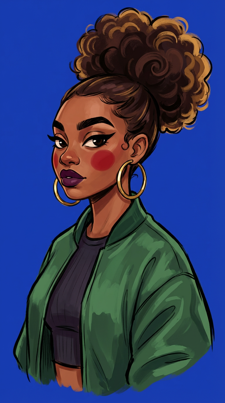 Ray, an illustrated cartoon AI avatar — woman with a curly afro updo, hoop earrings and a green bomber jacket.