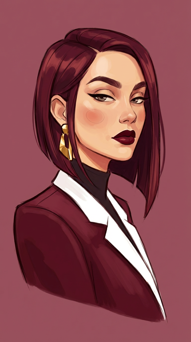 Stacy, an illustrated cartoon AI avatar — woman with burgundy hair, bold makeup and a sharp maroon outfit.
