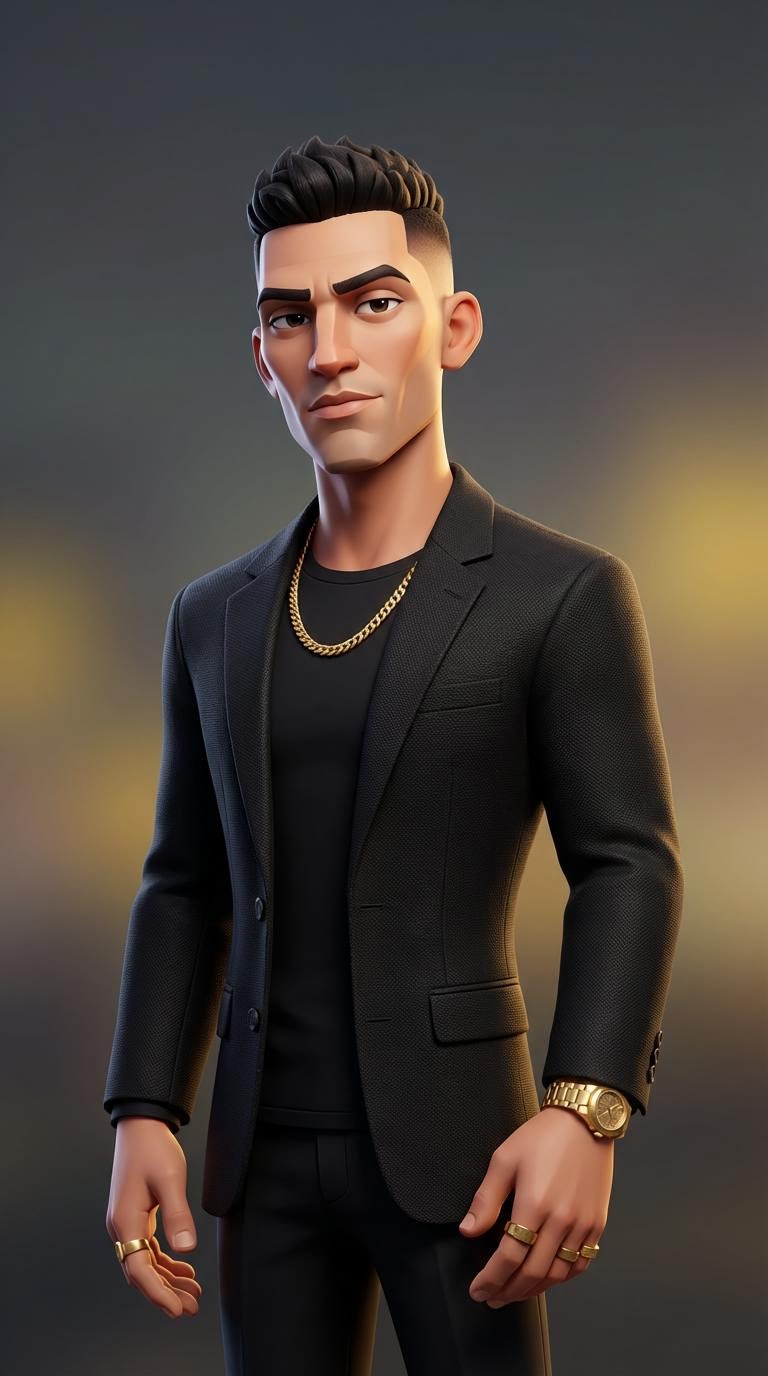 Hudson, a 3D-rendered AI avatar — groomed man in a black suit with a gold chain on a dark backdrop.