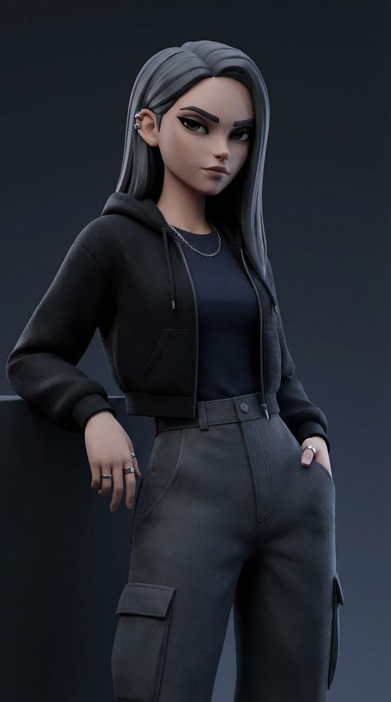 Kate, a 3D-rendered AI avatar — woman with dark hair in an edgy all-black outfit on a dark backdrop.