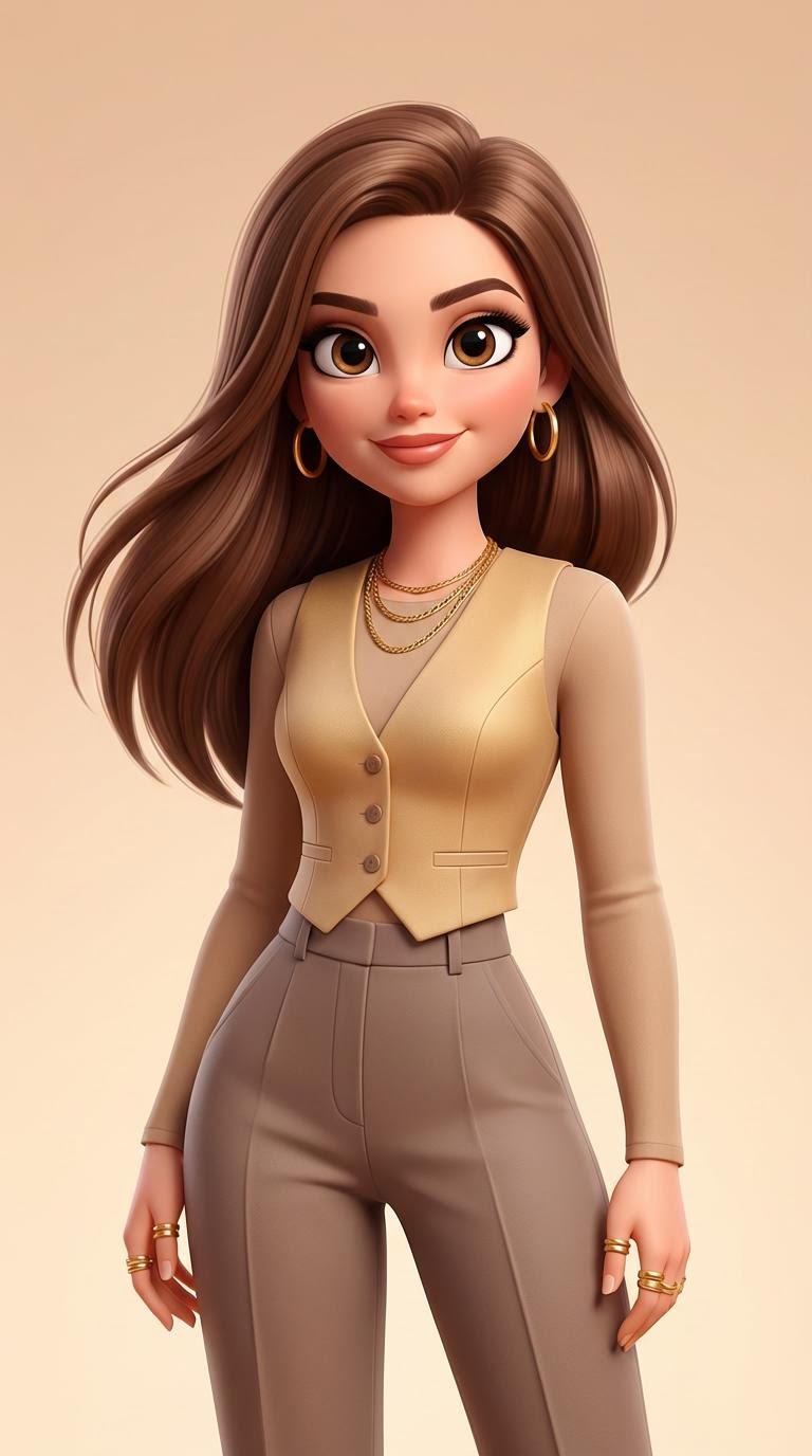 Kity, a stylized 3D animated AI avatar — woman with long brown hair in a cream cardigan, big-eyed Pixar style.