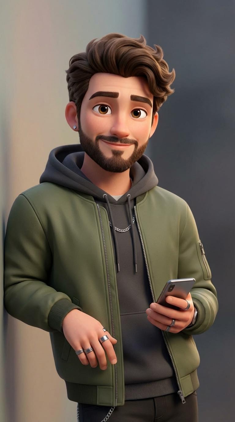 Luke, a 3D animated AI avatar — man with a beard in a green hoodie holding a phone.