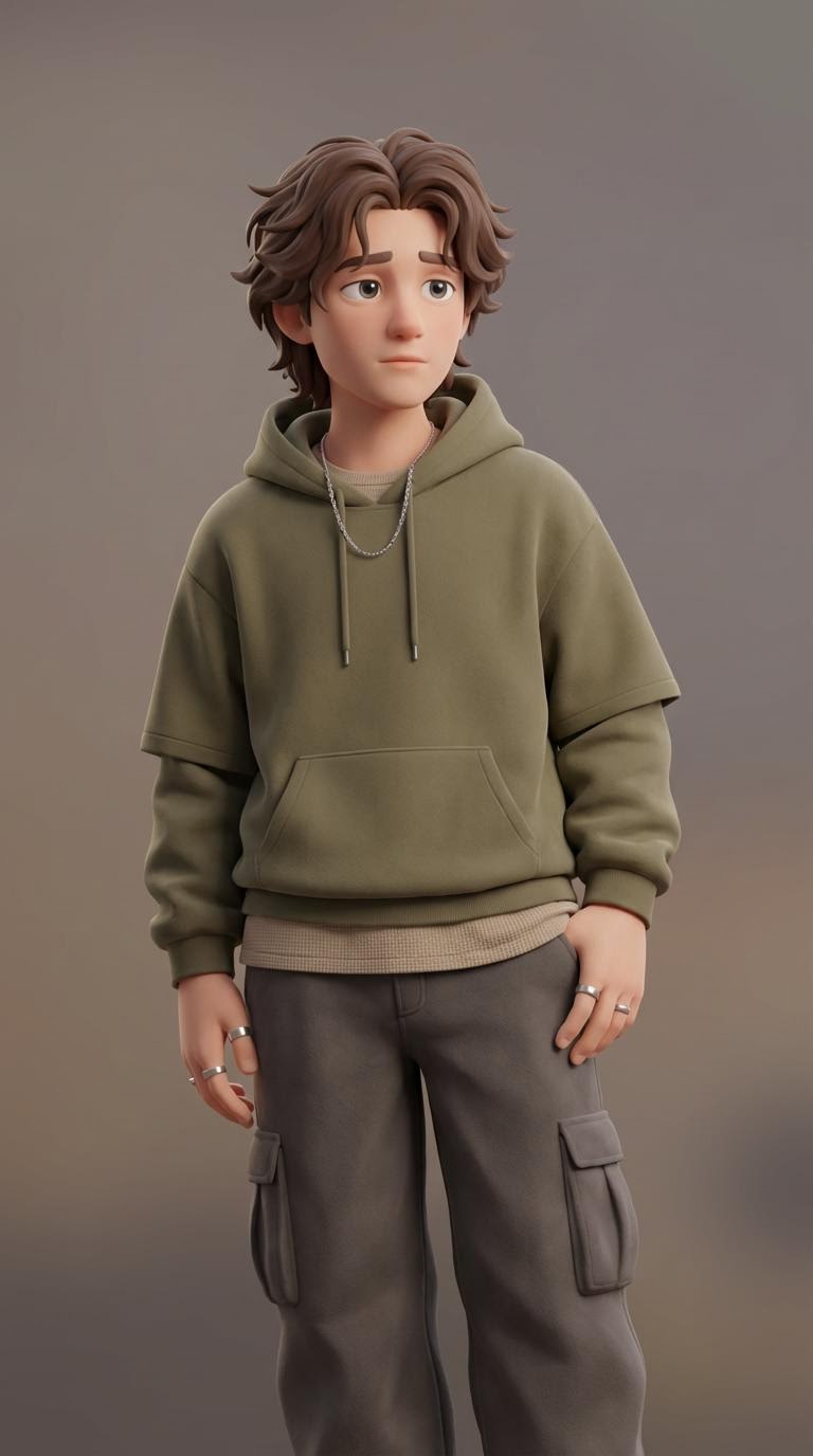 Sam, a 3D animated AI avatar — young man with brown hair in an olive hoodie and cargo pants.